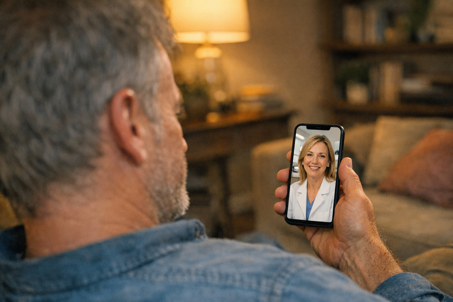 Man at home watching a local business owner's video on his phone